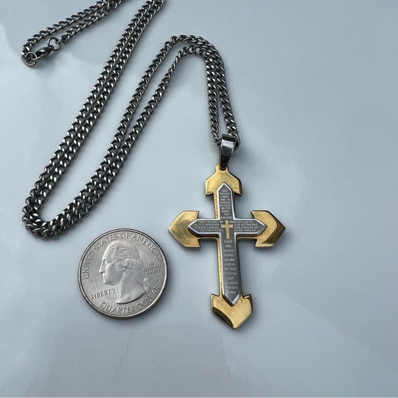 Stainless Steel Lords Prayer Engraved Cross Rosary Catholic - Picture 3 of 4